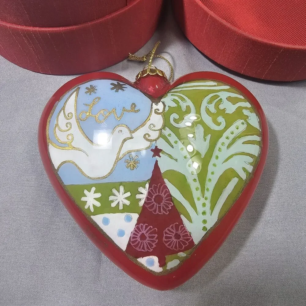 Pier 1 Li Bien 2012 Glass Heart Christmas Ornament Peace Love Dove Red Box Tag